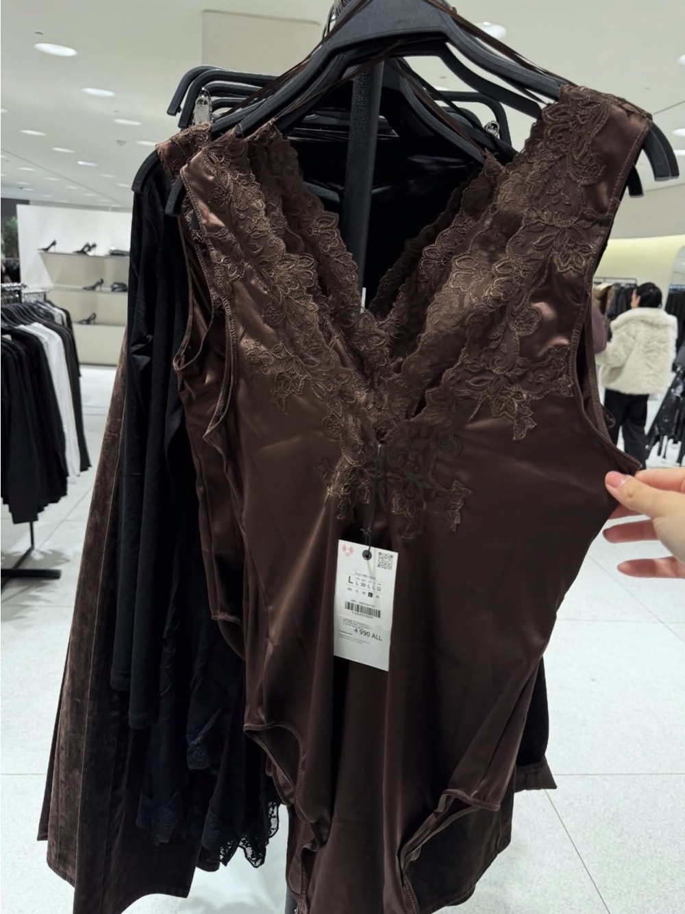 Zara Chocolate Brown Satin Lace-Trim Bodysuit - Picture 7 of 12